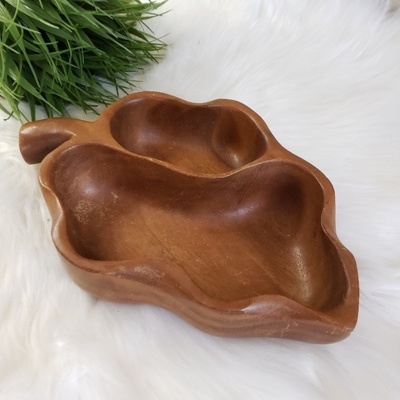 Vintage Monkey Pod Wood MCM boho Leaf Carved Bowl Dish - Picture 6 of 14
